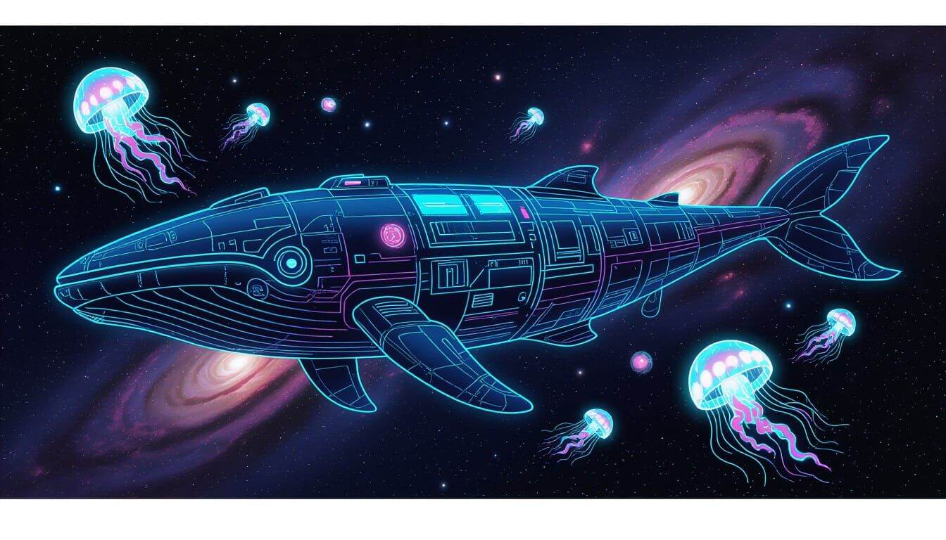 Glowing Whale Spaceship in Deep Space