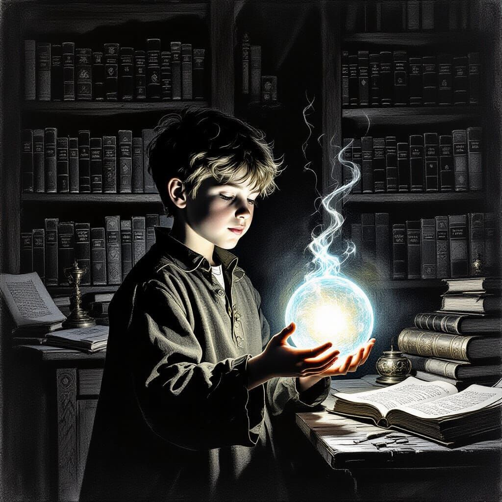 Boy Enchanter's Apprentice Holds Glowing Orb in Study