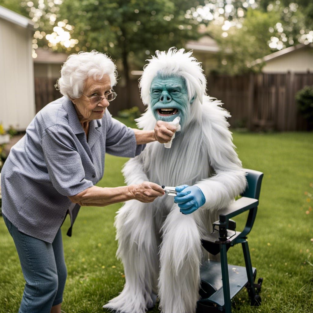 Grandma shaving the Yeti in the yard