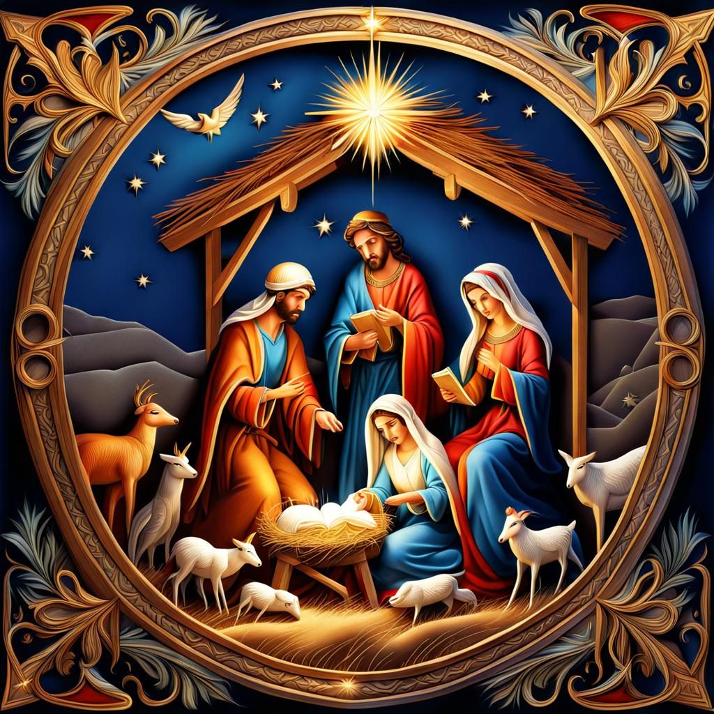 Ornate Nativity Scene Storybook Illustration