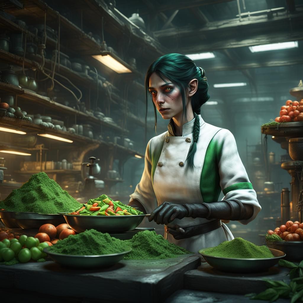 Fantasy Elf Chef in Underground Lab: Detailed Matte Painting