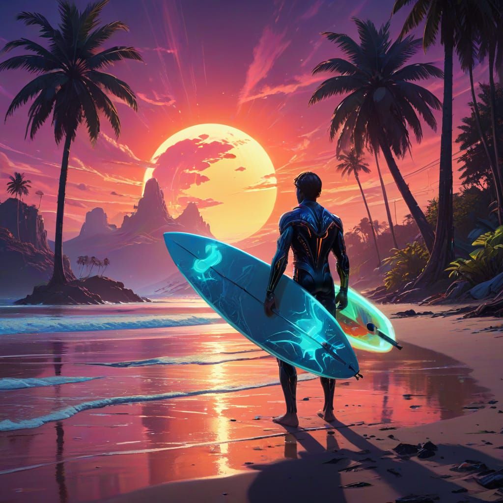 Surreal 1960s Surfer Dude Embraces Futuristic Beach Scene