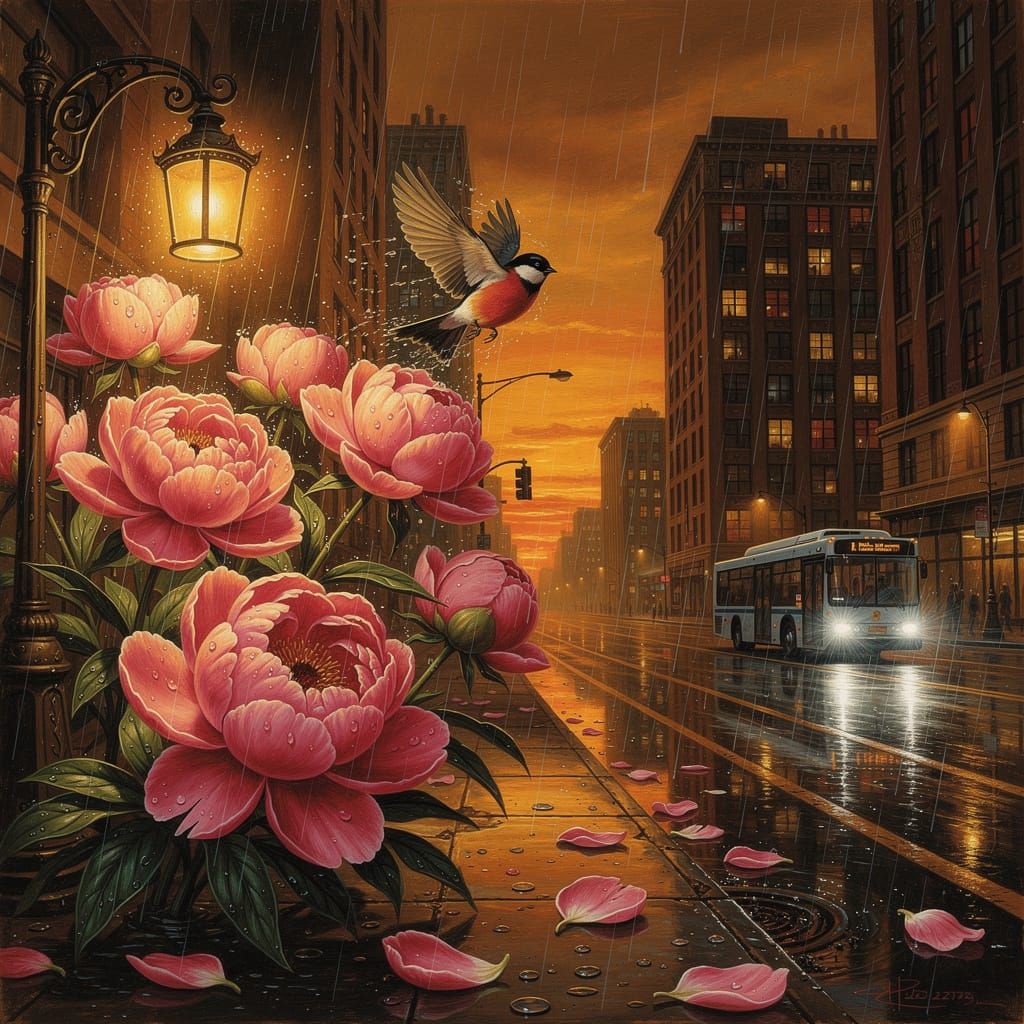 Surreal Rainy Cityscape with Peonies and Magritte Dalí Style