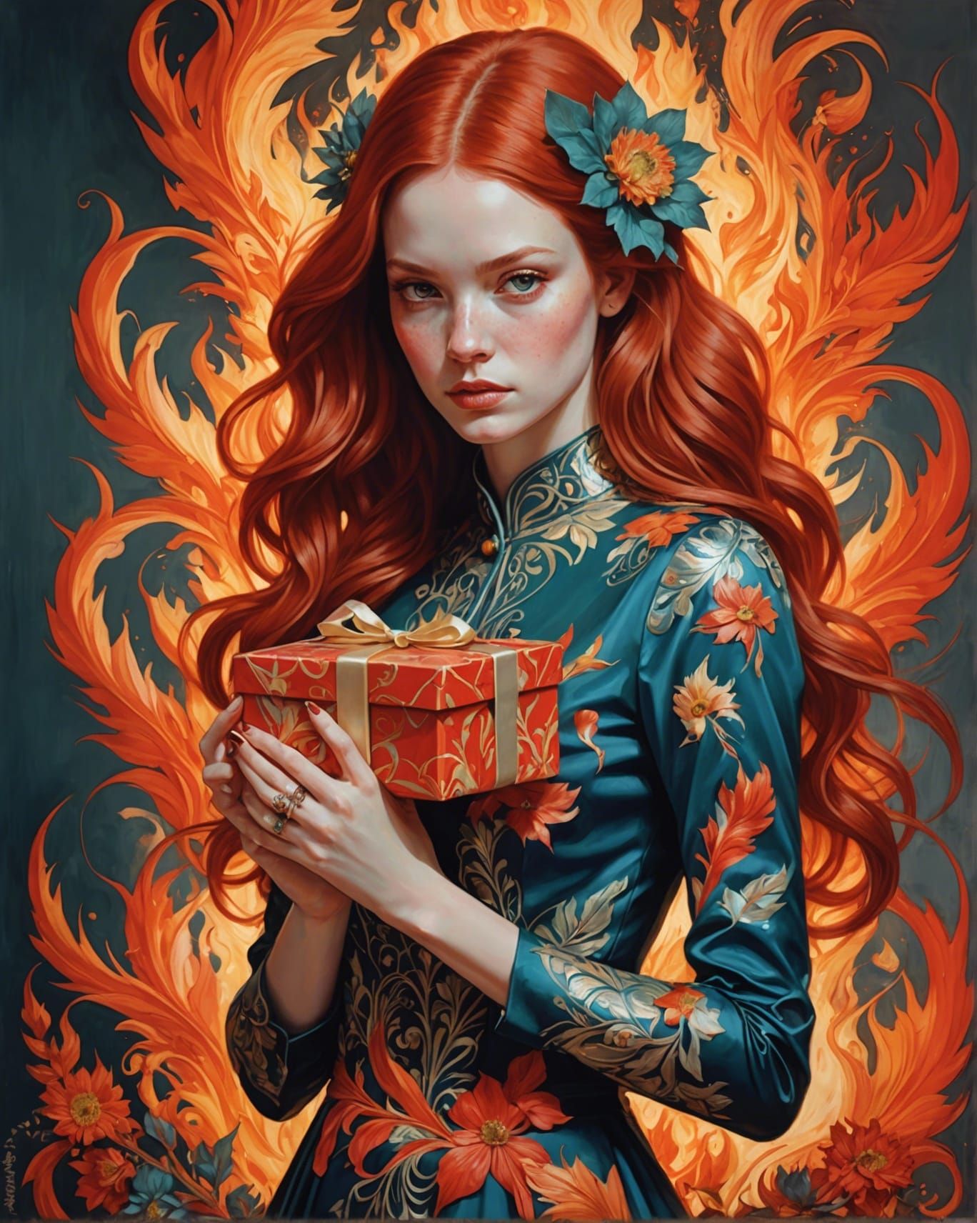 Fiery Redhead Portrait with Gift in Digital Art