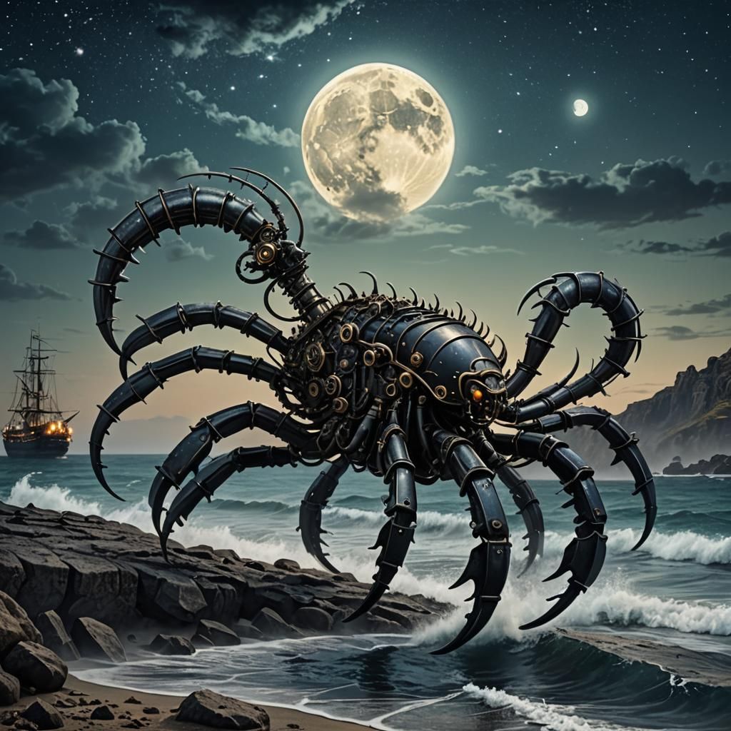 Steampunk Scorpion Crawling to Shore at Night