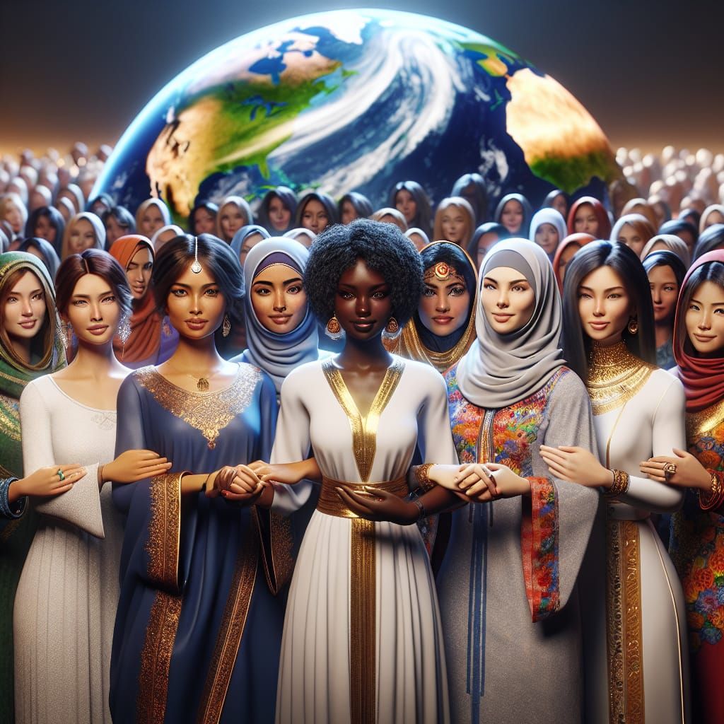 Disney Pixar style 3D group of beautiful woman from all around the world, wearing traditional cultural clothings, standi...