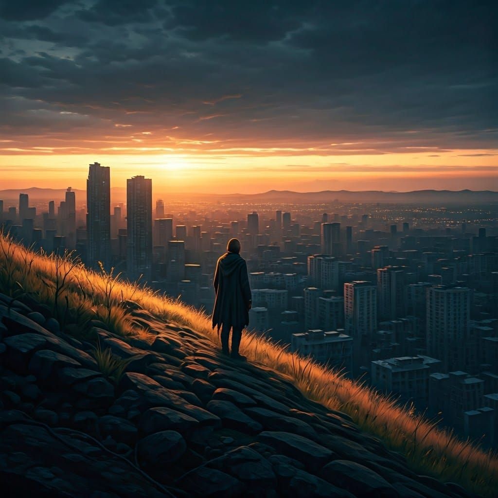 Melancholic Figure Gazing at Cityscape in Haunting Landscape