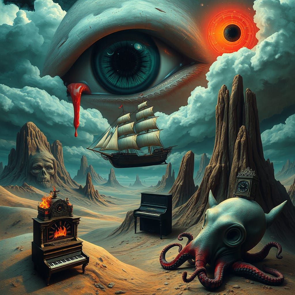 Surreal Pirate Ship Dreamscape in Dark Biomechanical Style