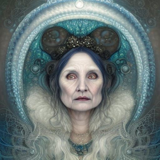 Magical Old Hag in Winter Forest with Filigree