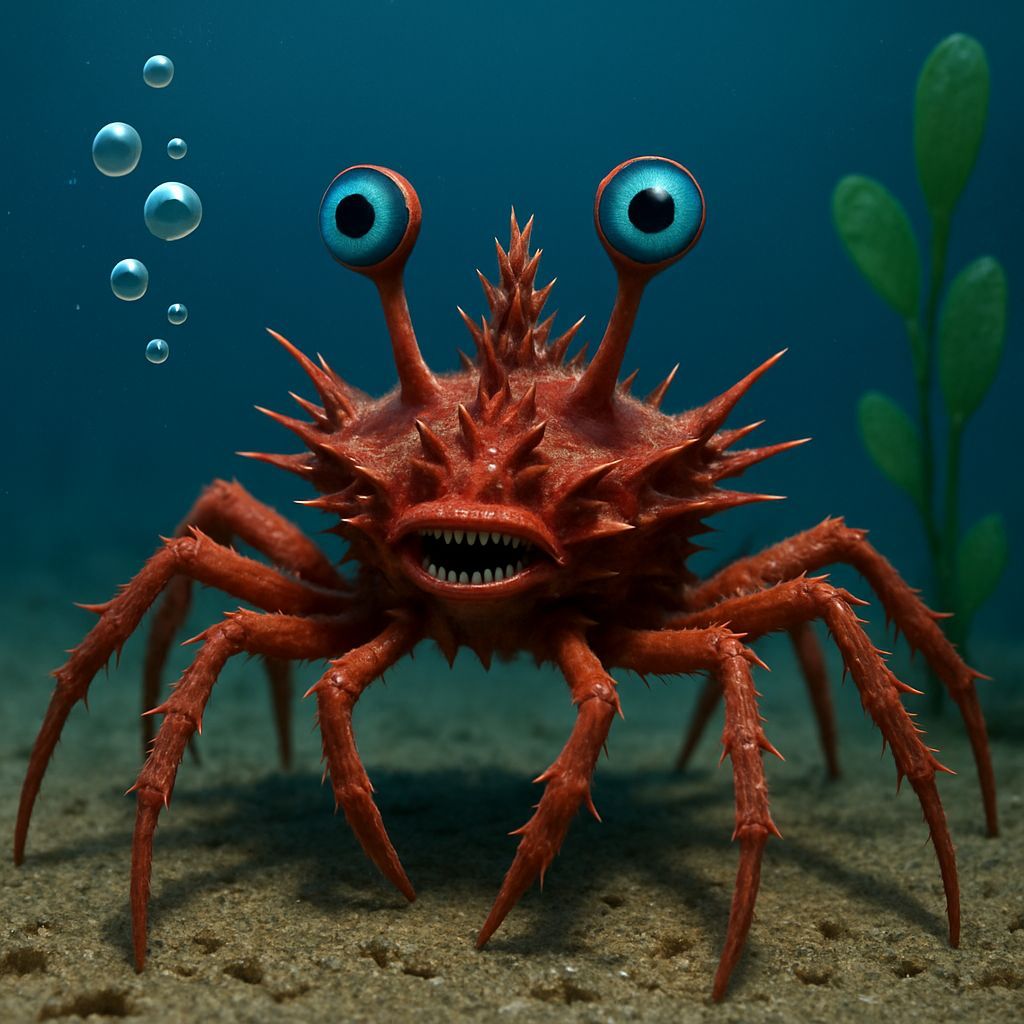 Alien Red Crab Creature Foraging Underwater