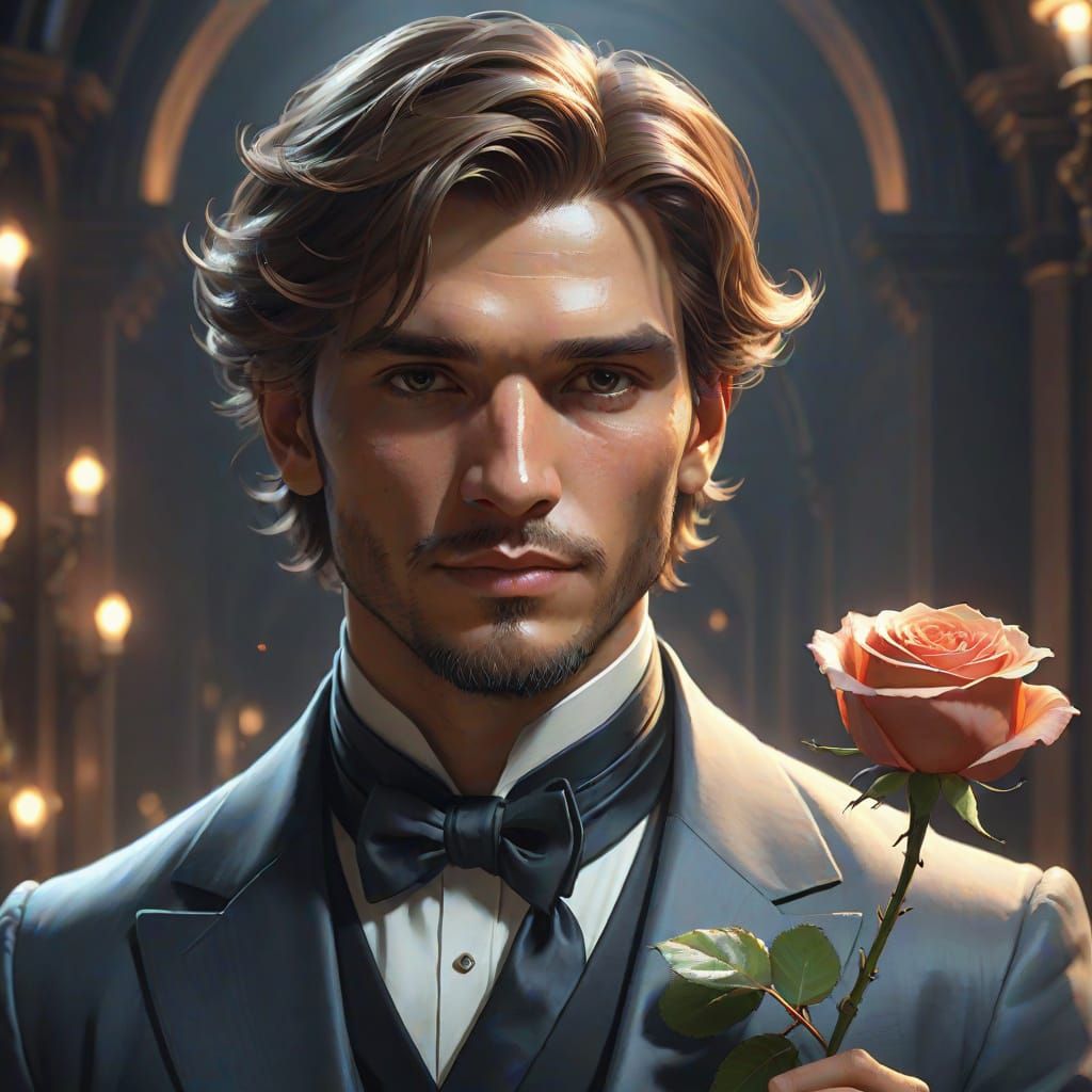 Elegant Gentleman Presents a Rose in a Dynamic Portrait