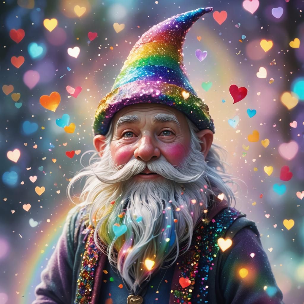 Rainbow-Hatted Gnome with Hearts in Whimsical Digital Art