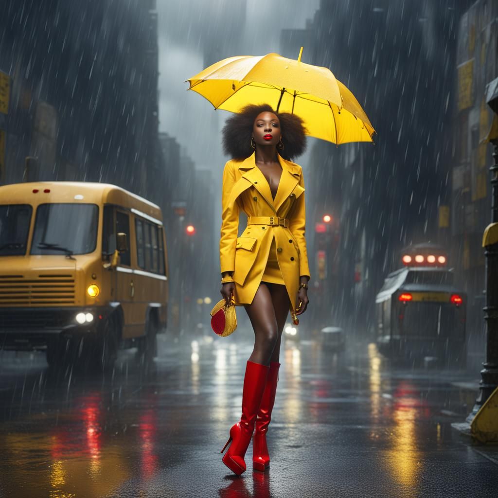 Black Model in Rain with Yellow Umbrella: Matte Painting
