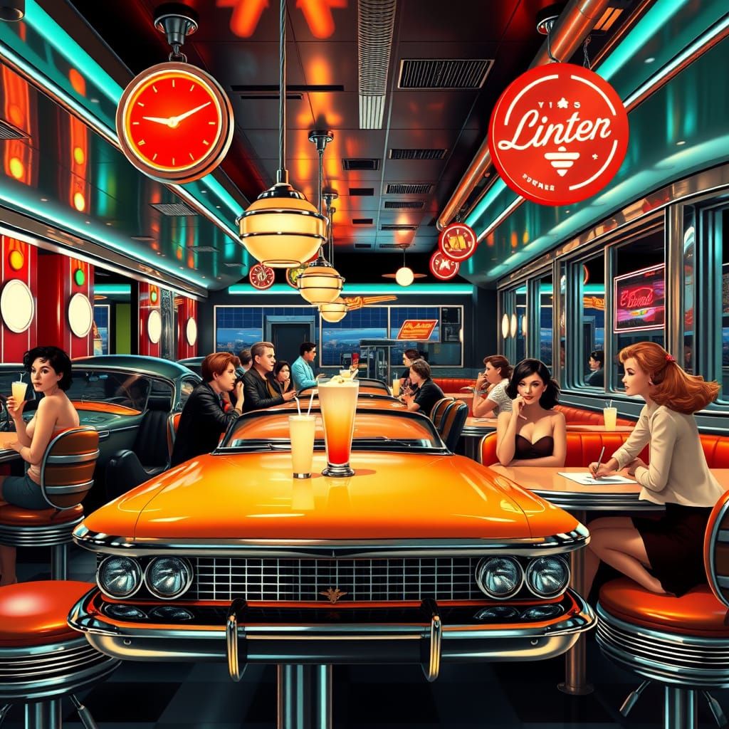 Retro Diner Scene with Neon Lights in Retro-Futuristic Style
