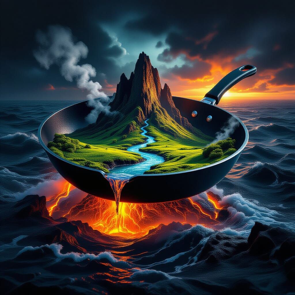 Surreal Landscape in Frying Pan Above Dark Ocean