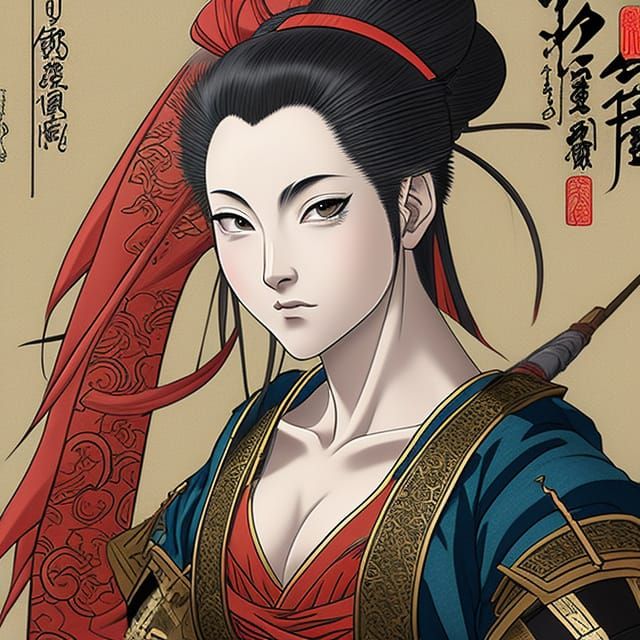 Female Warrior Portrait in Manga Style, Ukiyo-e