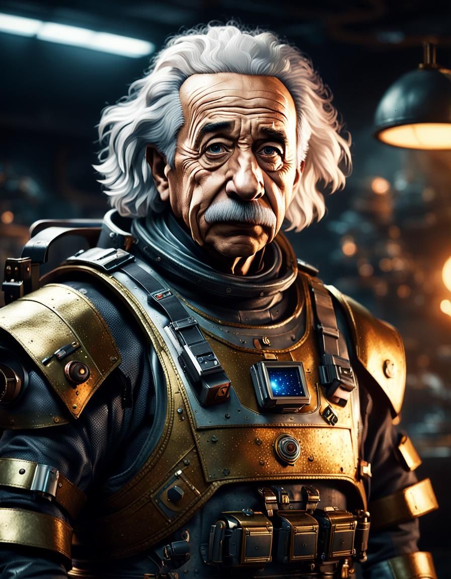 Einstein in Battle Suit: Hyper-Realistic Digital Art