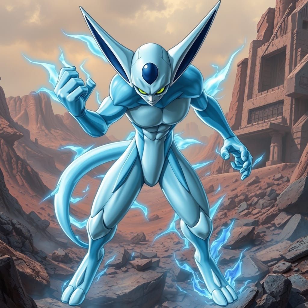 Manga-Inspired Fusion of Mewtwo and Frieza, Exuding Strength...