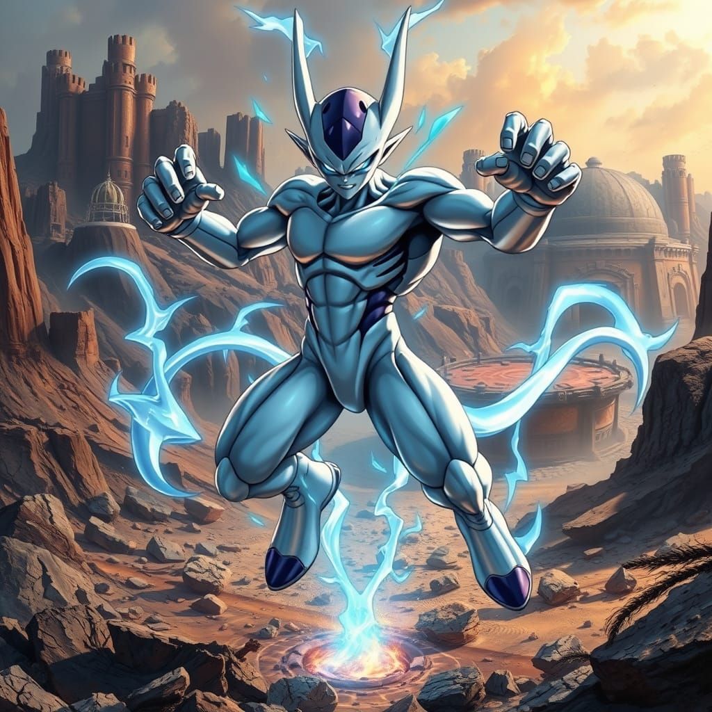 Cyberpunk Fusion of Mewtwo and Frieza in Hyperrealistic Mang...