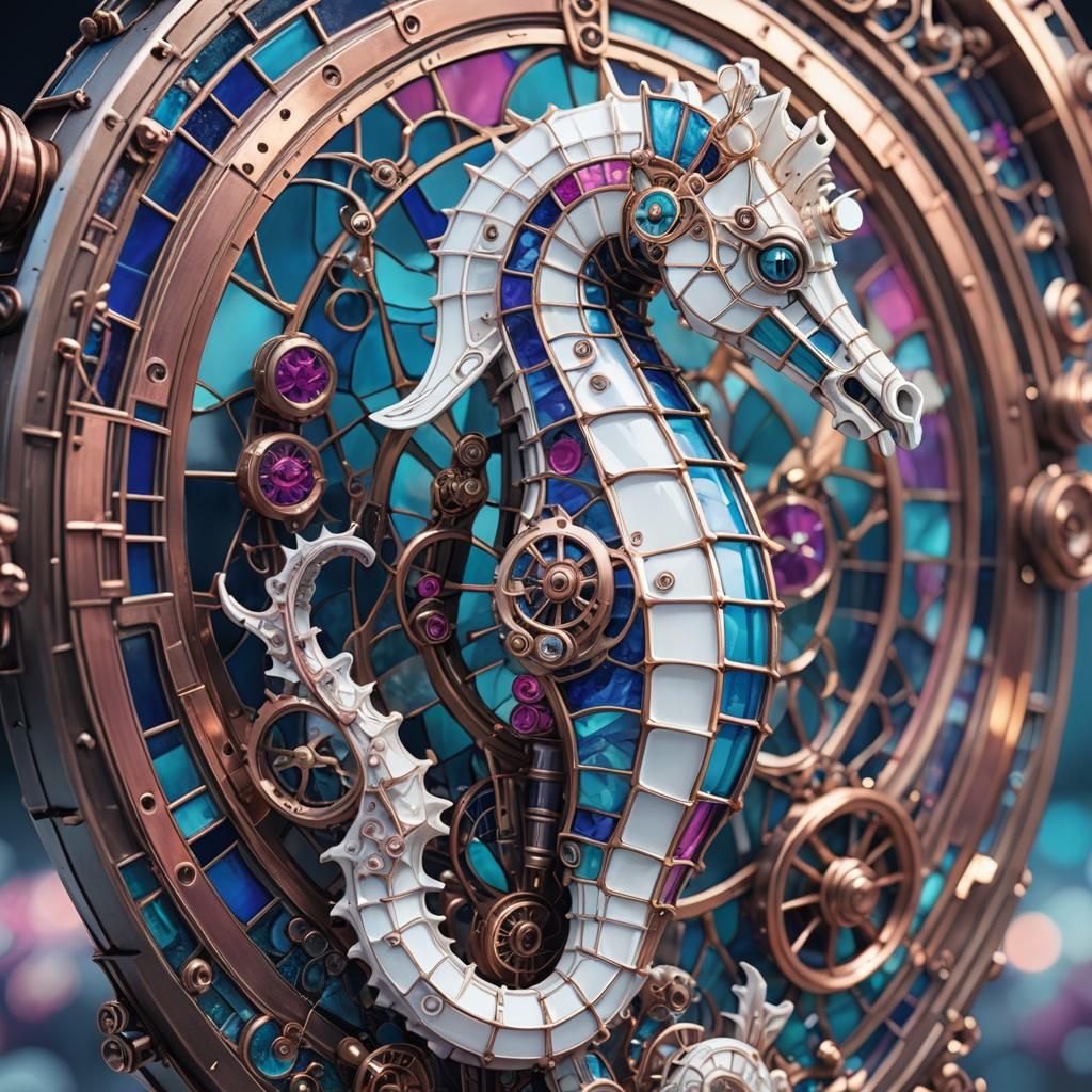 Steampunk Sci-Fi Seahorse in Stained Glass Style