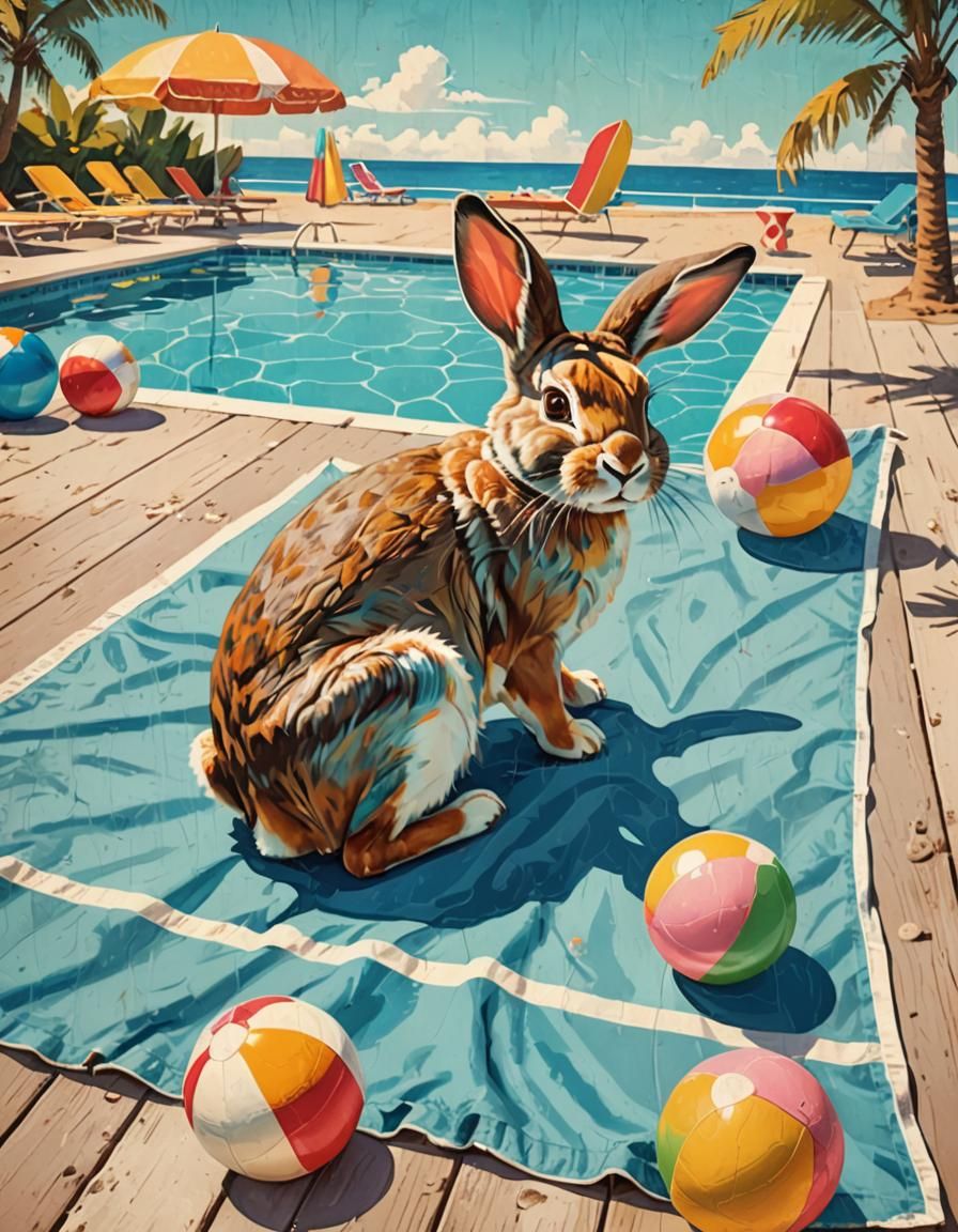 Retro Travel Poster of Rabbit Relaxing Poolside