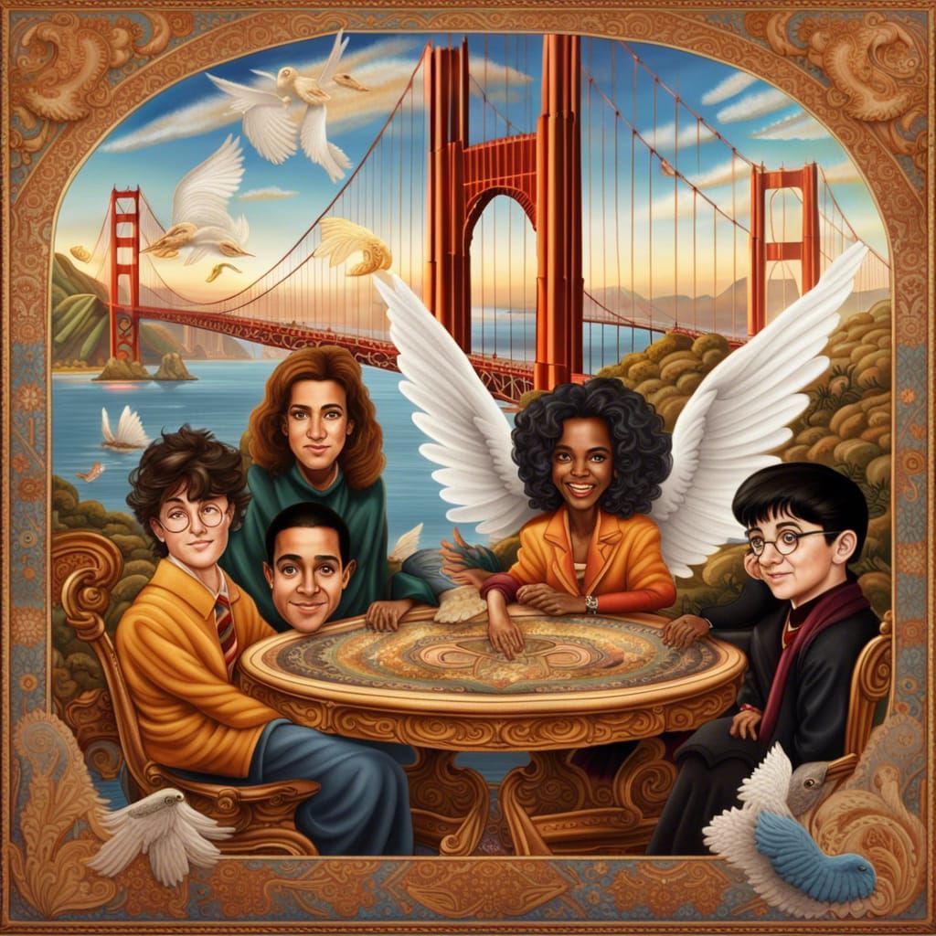 Celebrities on a Persian Rug Flying Over Golden Gate