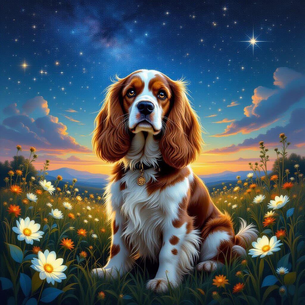 English Cocker Spaniel in Starlit Field Renaissance Style