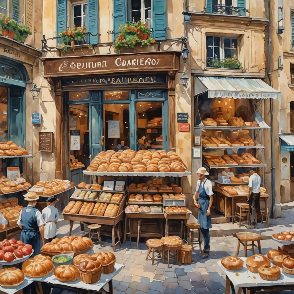 French Bakery in Gouache Watercolor Style