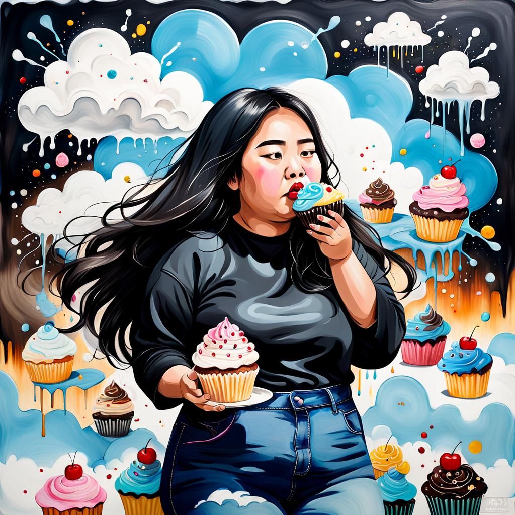 Chubby Woman Enjoys Cupcake in Surreal Cloudscape