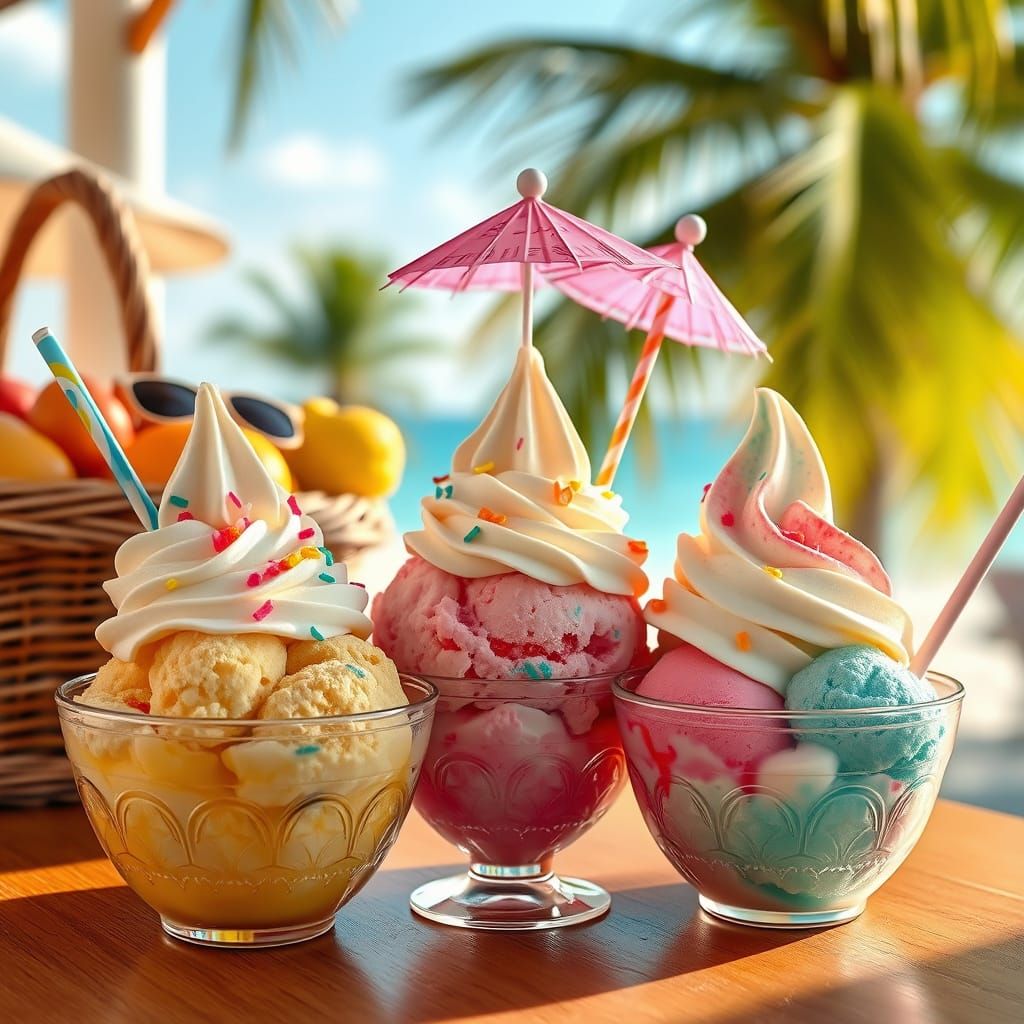 Hyperrealistic Ice Cream Bowls in Beach Bar Setting