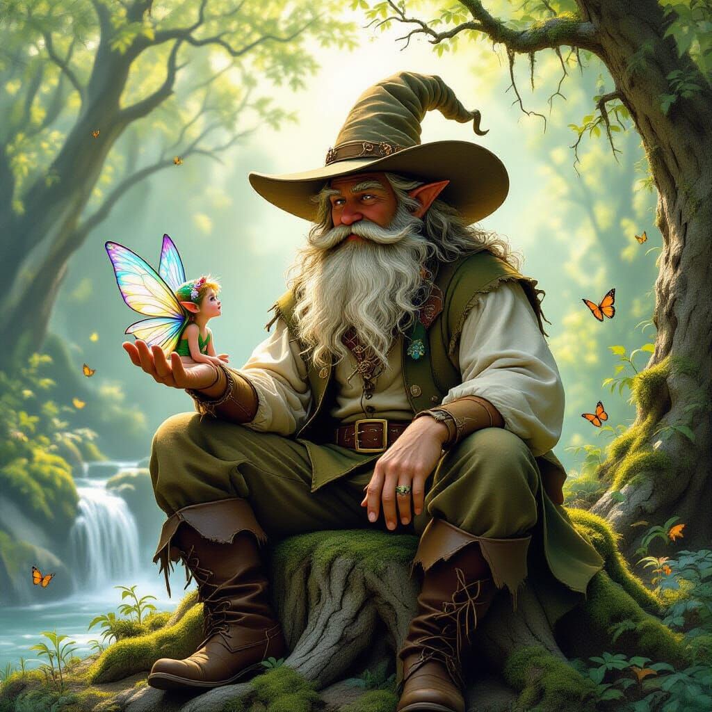 Gentle Giant and Elf in Mystical Forest, Fantasy Art