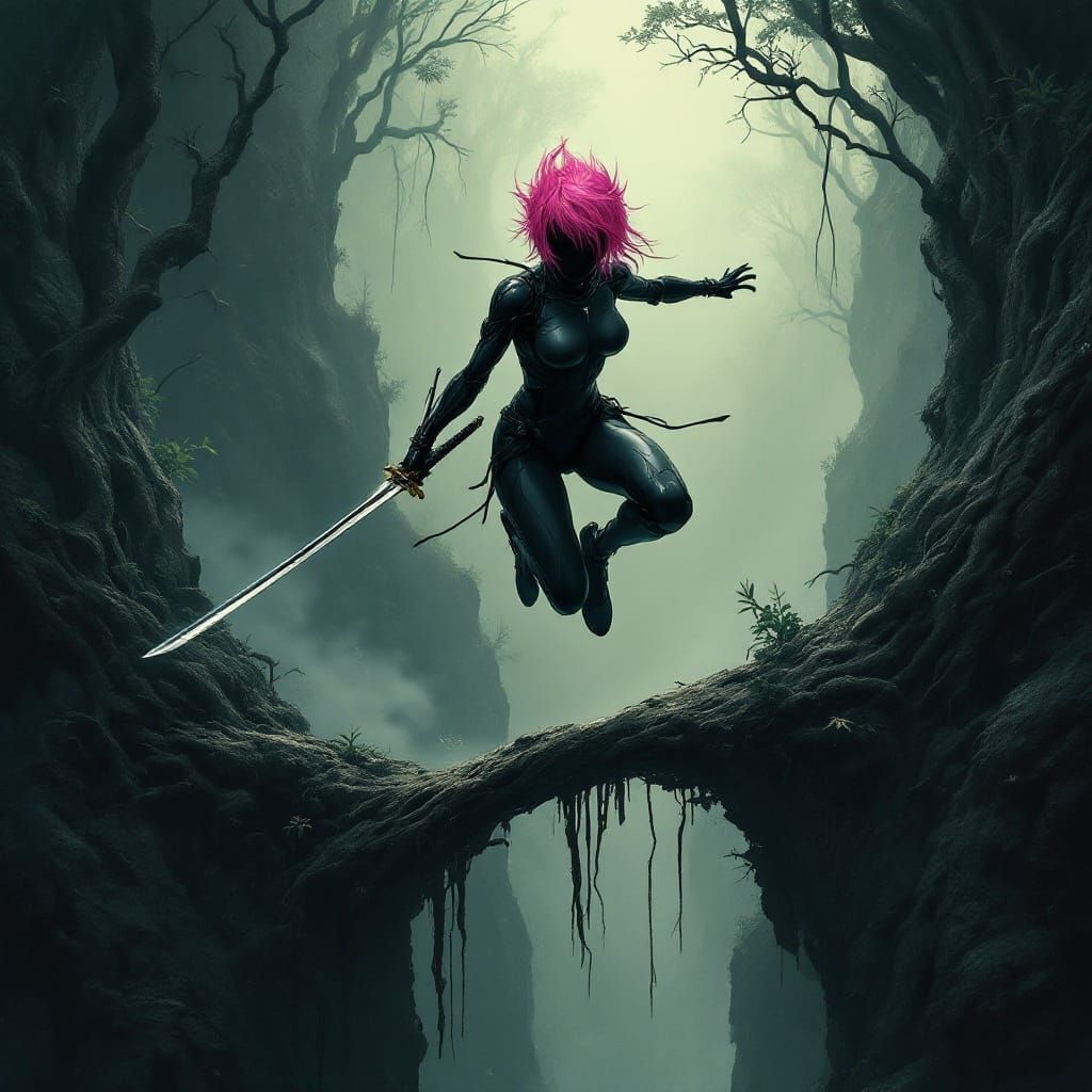Android Ninja Leaps Across Dark Fantasy Forest in Cyberpunk ...