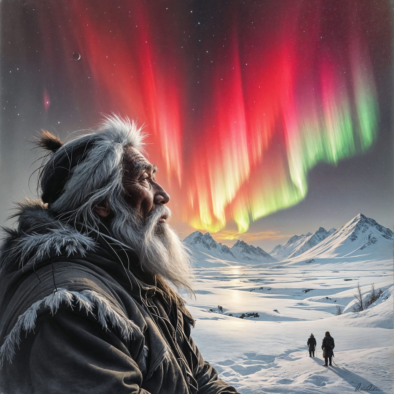Eskimo Warrior Gazes at Red Aurora Sky in Pencil Drawing