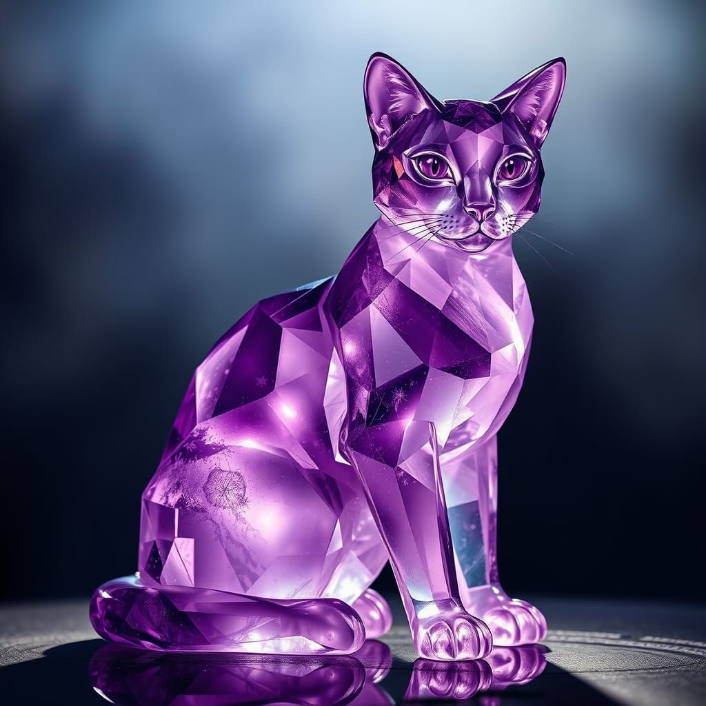 Amethyst Quartz Crystal Cat in Mystical Realism Style
