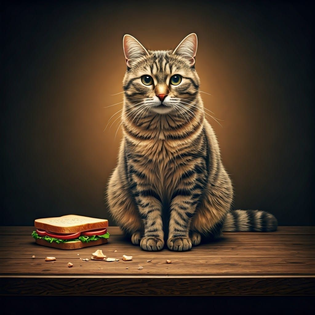 Regal Feline Dominance, A Stolen Sandwich at Its Feet