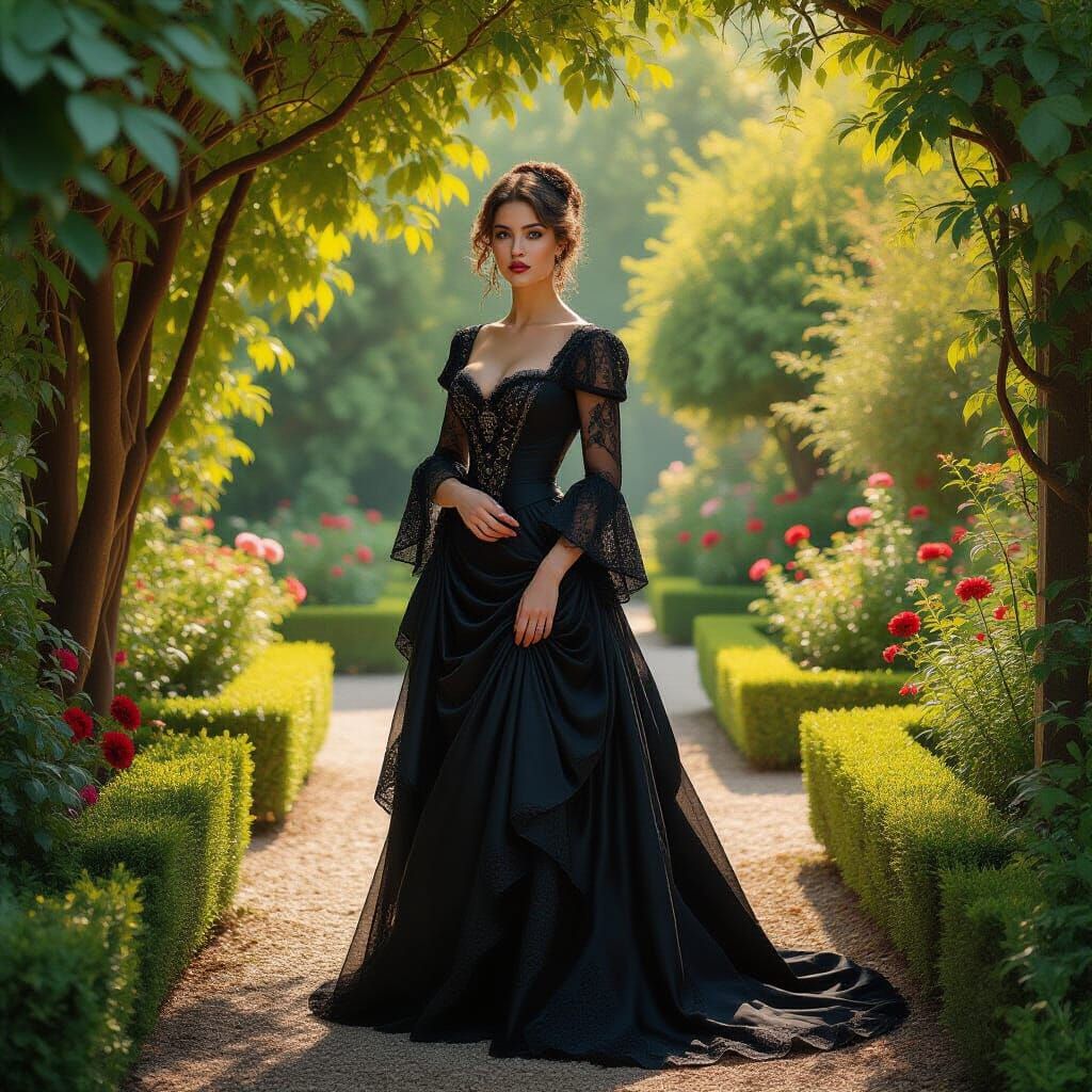 Mysterious Woman in Baroque Garden, Silk and Lace Gown