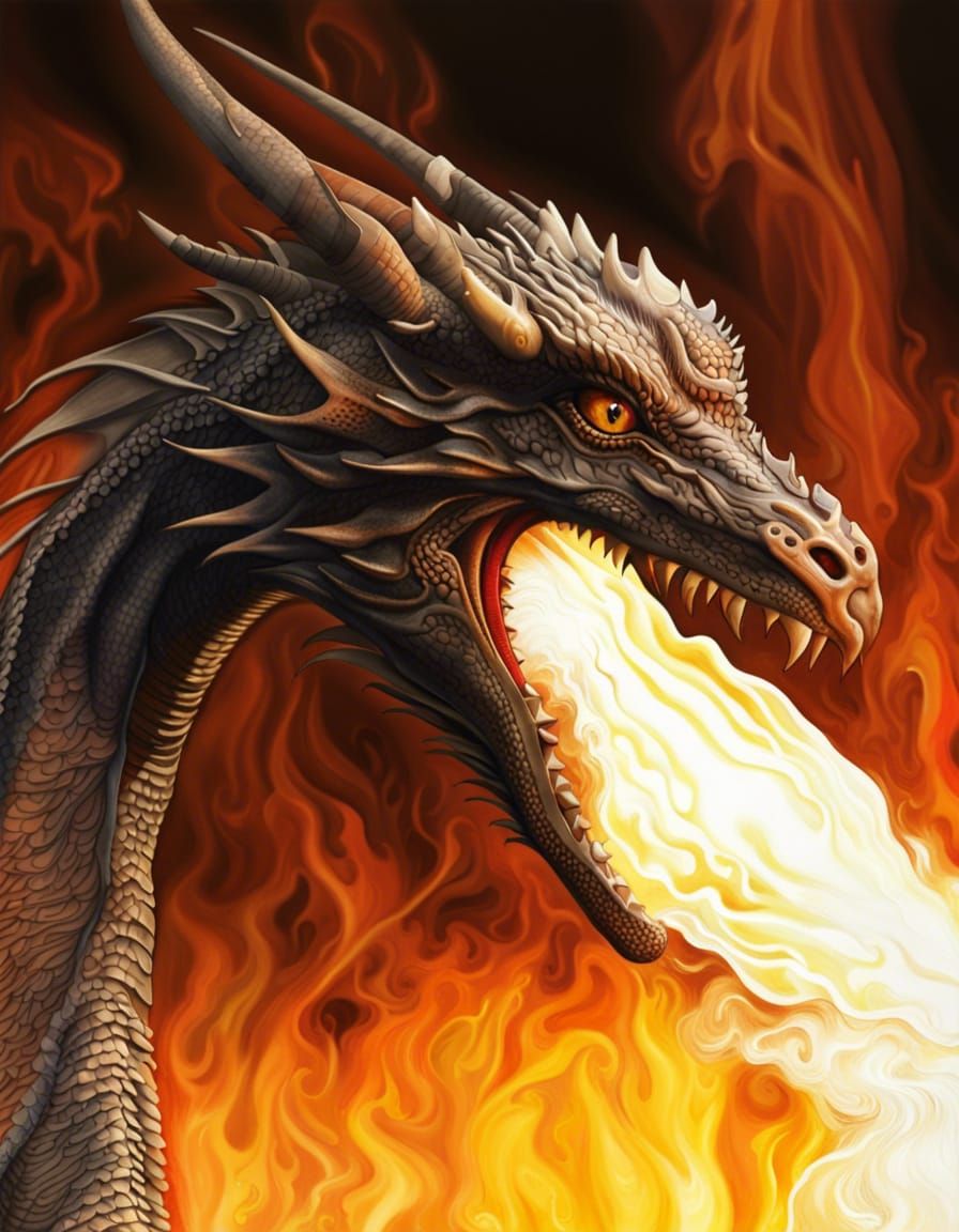 Photorealistic Dragon Breathing Fire with Detailed Eye
