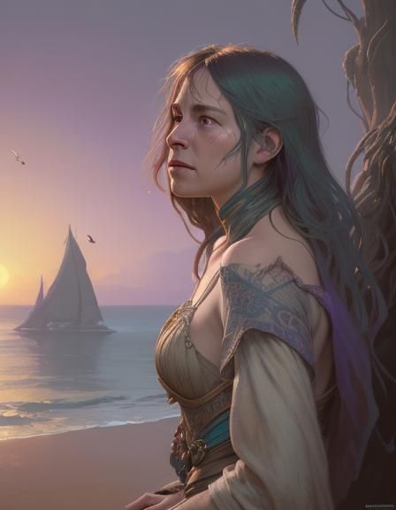 Nostalgic Beach Sunset Memory in Pen and Pencil Art