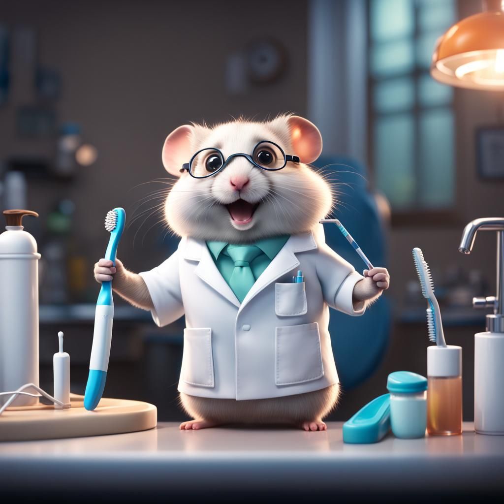 Cute Hamster Dentist with Toothbrush in Lab Coat