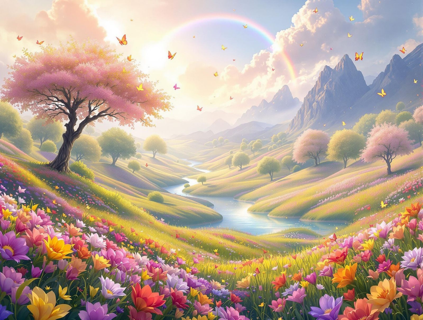 Vibrant Fantasy Landscape with Meadows and Rainbow