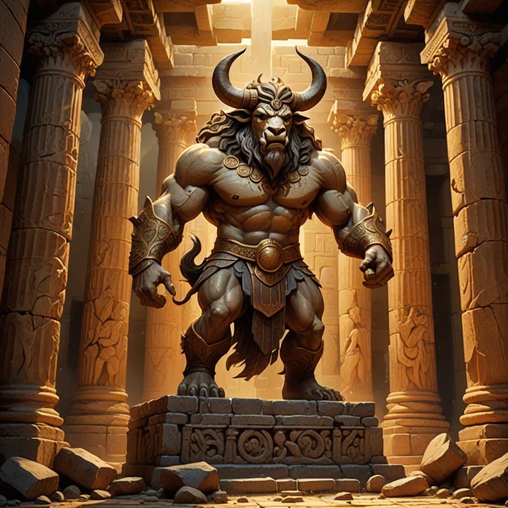 Giant Minotaur in Ancient Greek Temple