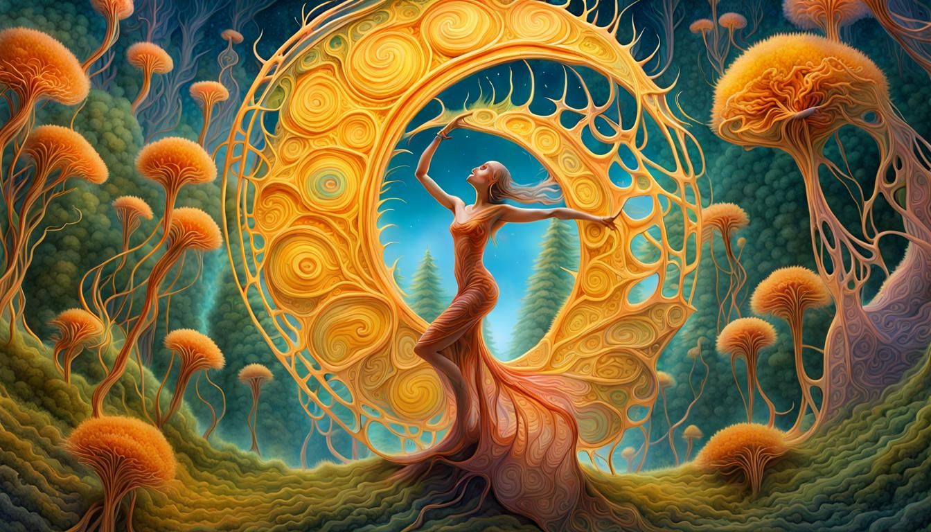 Surreal Sun and Moon Flower with Dancing Woman