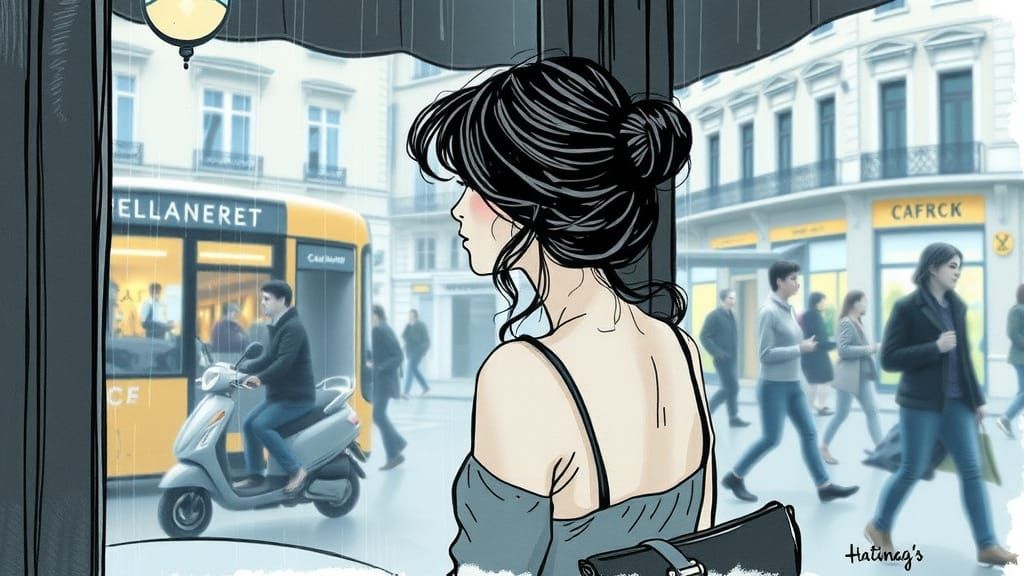 Serene Café Reflections in Soft Ink Sketch Style