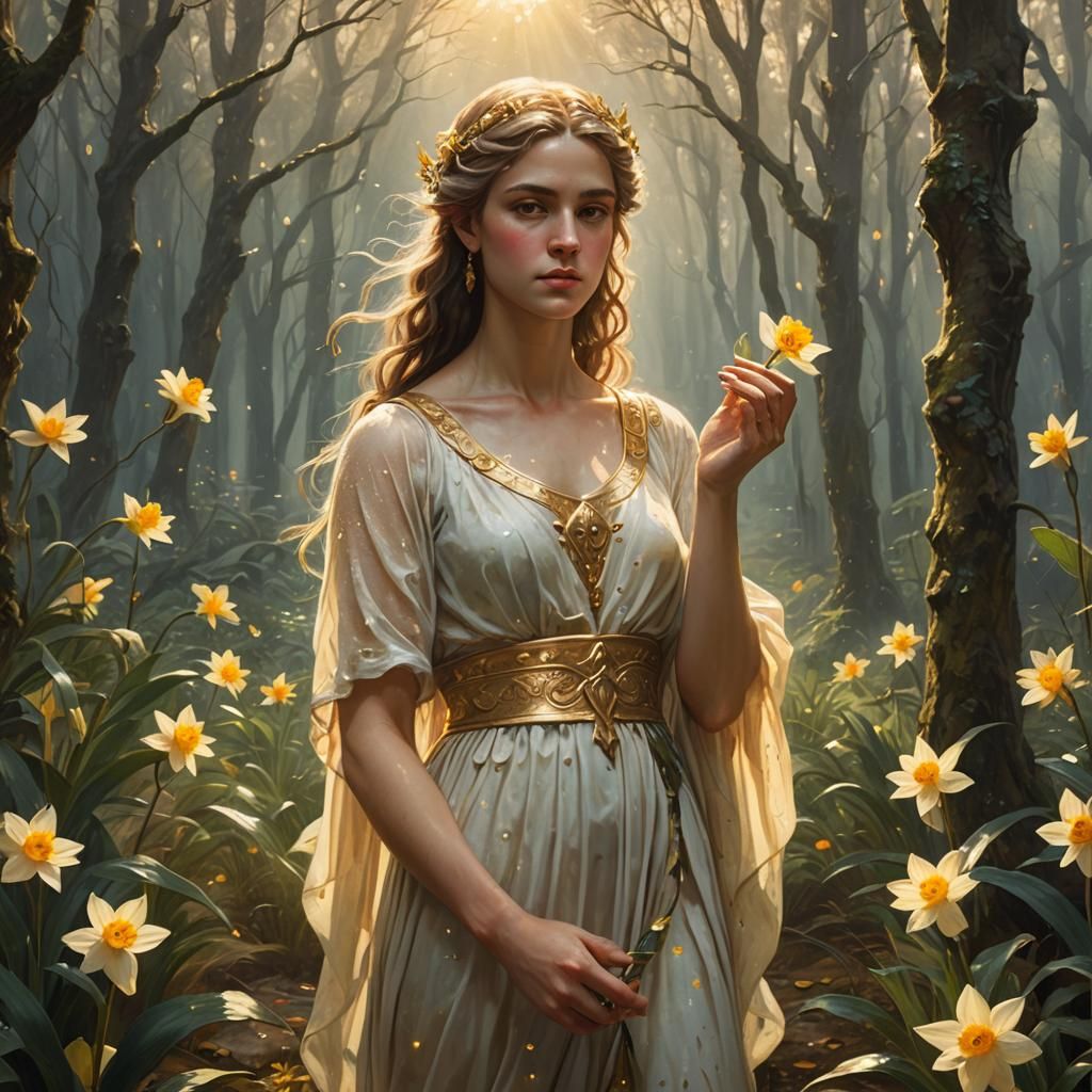 Echo Holding Narcissus Flower in Mythical Forest
