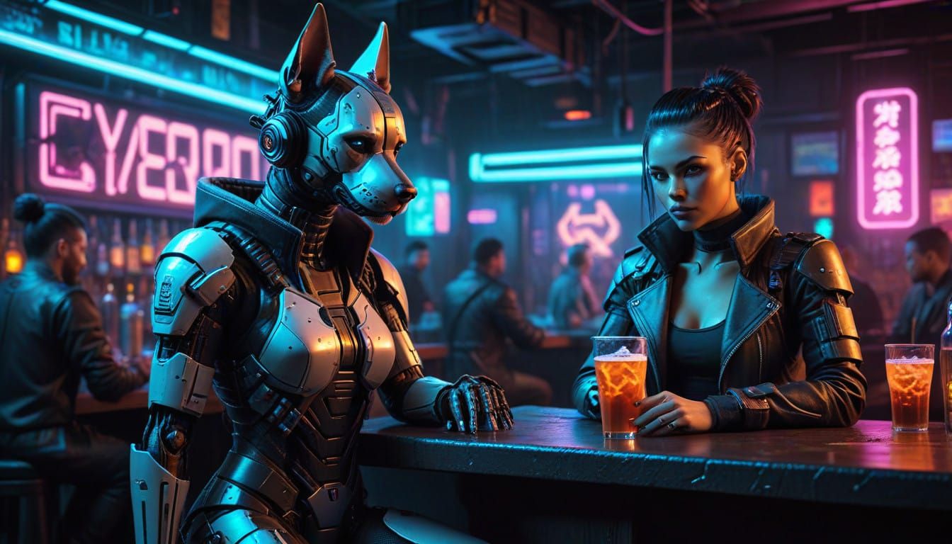 Girl with Cyber Dog in a Neon Cityscape