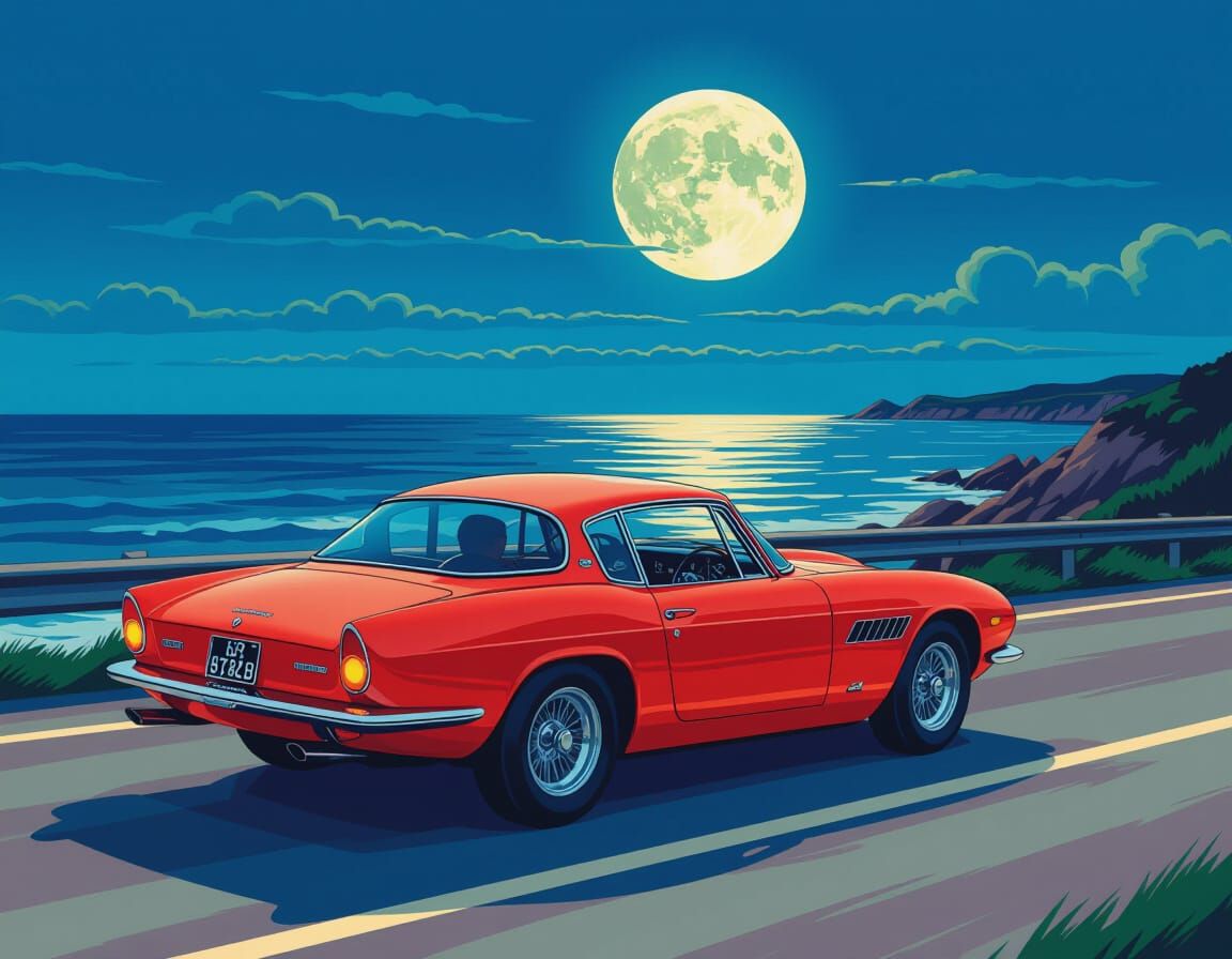 Crimson Maserati Mistral at Night: Retro Comic Art