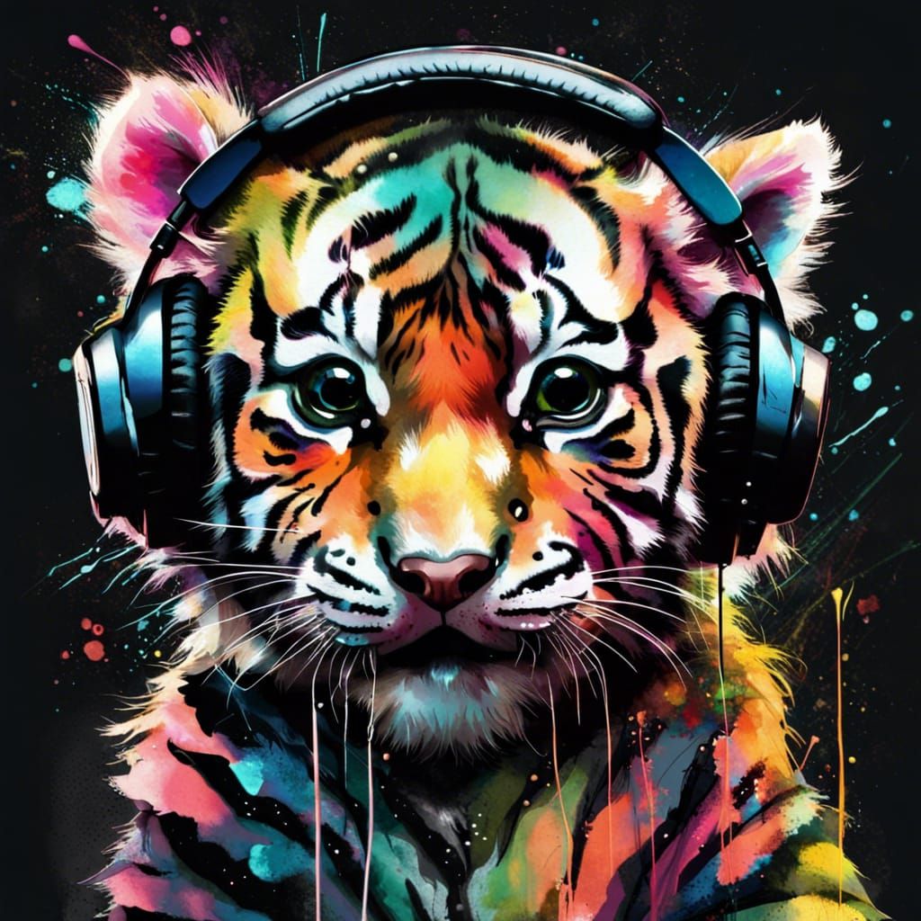 Anthro Tiger Disco Dancing in Watercolor Style