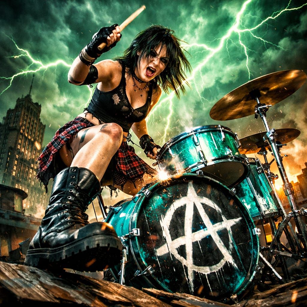 Riot Grrrl Drummer on Rooftop in Neon Punk Style