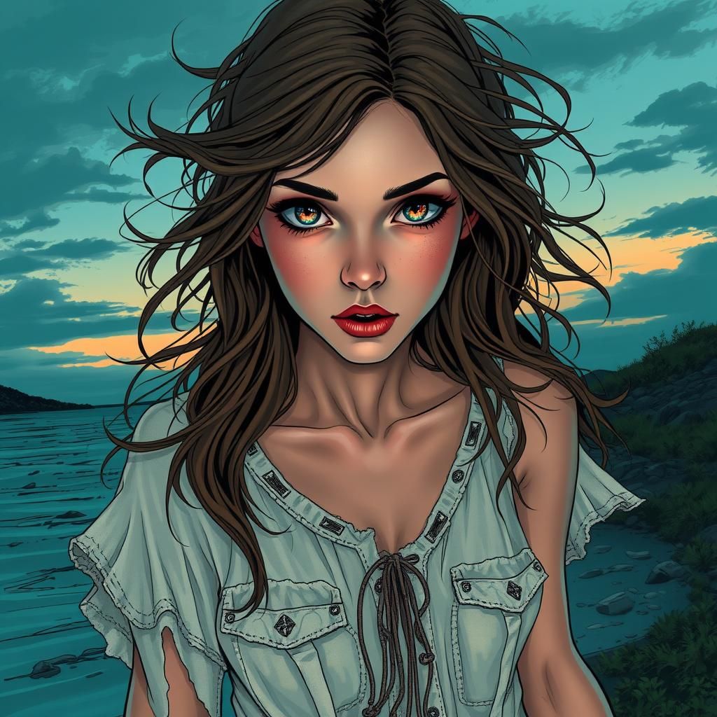 Ethereal Female Ghost Wandering at Dusk in Comic Art Style