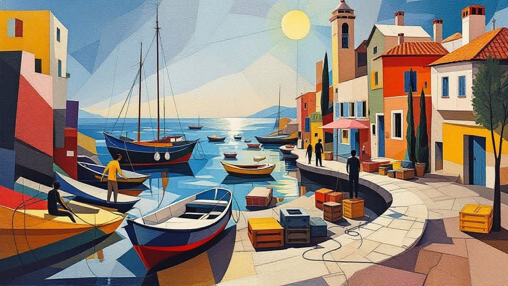 Cubist Harbor Scene in Picasso and Braque Style